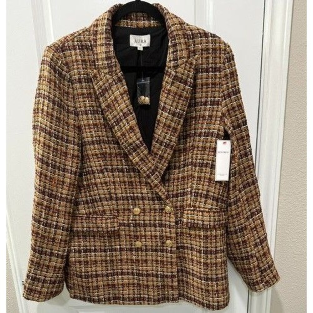 NWT AURA Tweed Blazer Jacket L Brown Rust Plaid Gold Buttons Double Breasted